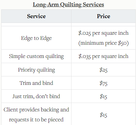 Sew Awesome Quilts Long Arm Quilting Pricing