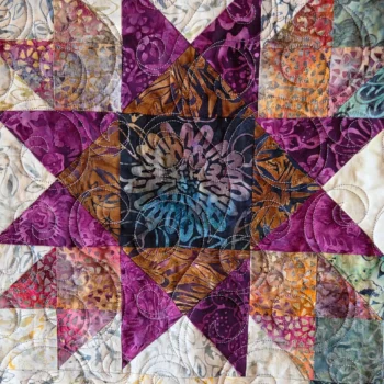 Colorful quilt with intricate star pattern.